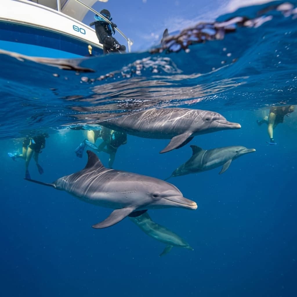 Wild dolphins swimming underwater beside snorkelers near Mnemba Island