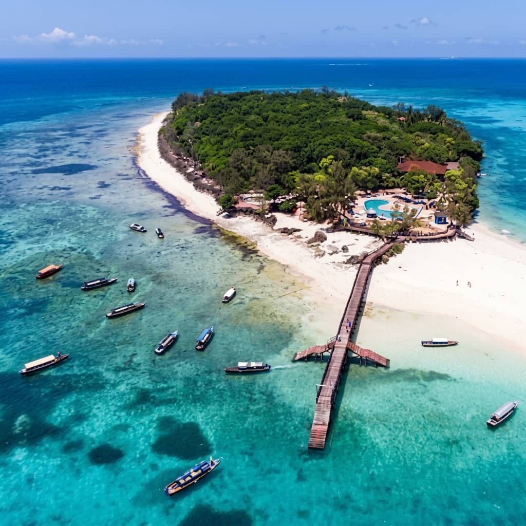 Aerial view of Prison Island with its wooden jetty and turquoise reef waters